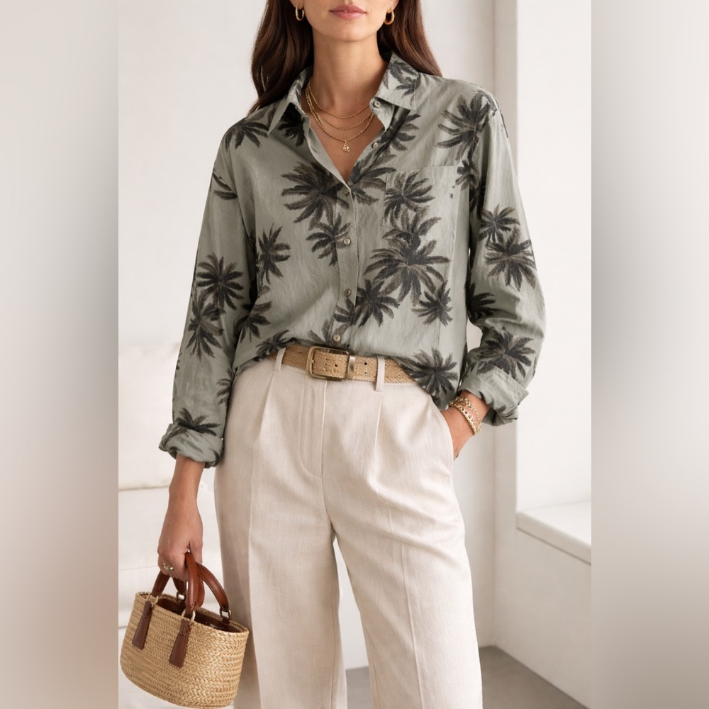 LE SUPERBE Green Future Ex Boyfriend Palm Tree Button-Up Shirt size 0